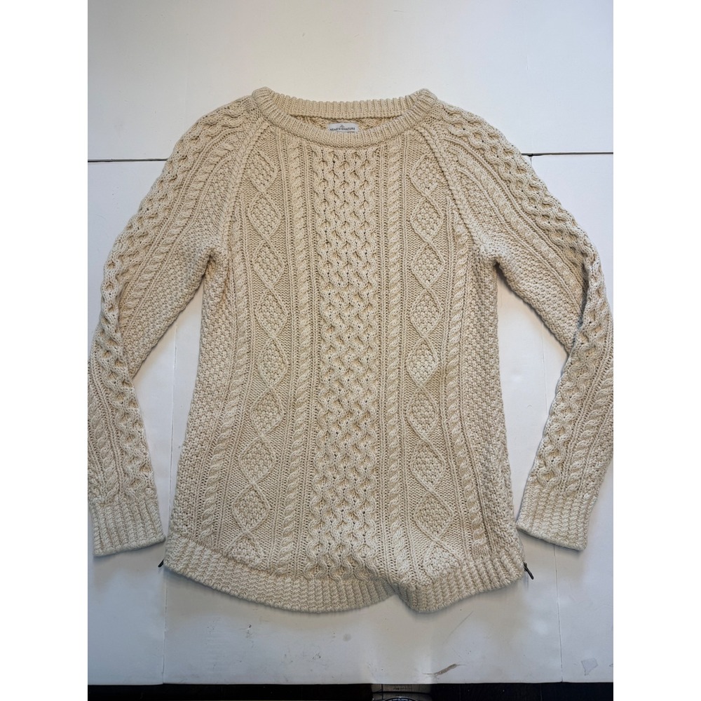 LL Bean Signature Women XS Cream Cable Knit Side Zip Cotton Sweater Cream